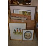 BOX OF ASSORTED DECORATIVE PICTURES, PRINTS TO INCLUDE COASTAL LANDSCAPE BY S. MAYA, HUSSARS PRINTS,