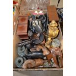 BOX OF ASSORTED WOODEN WARE, PEWTER, ORNAMENTAL GILDED CLOCK, MANTEL CLOCK, ETC