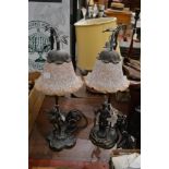 PAIR OF BRONZED FIGURAL TABLE LAMPS WITH MOTTLED AMBER AND OPAQUE WHITE GLASS SHADES