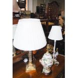 BRASS AND GLASS CORINTHIAN COLUMN TABLE LAMP AND SHADE, TOGETHER WITH A CERAMIC TABLE LAMP AND A