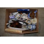 BOX OF ASSORTED CERAMICS, BLUE PRINTED MASONS JUG, ONE VOLUME RUBAIYAT OF OMAR KHAYYAM, ASSORTED FUR