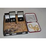 BOX OF ASSORTED COSTUME JEWELLERY, PEARL NECKLACES, THREE PAIRS OF CASED EARRINGS, ETC