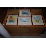 PINE KIST TOGETHER WITH FOUR DECORATIVE WATERCOLOURS BY W. GREEN