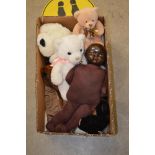 BOX OF ASSORTED VINTAGE TEDDY BEARS, FUR STOLES, DOLL