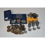 COLLECTION OF ASSORTED VINTAGE COINAGE, POST OFFICE SAVINGS BANK BOX, DECIMAL COIN WALLETS