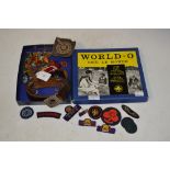 COLLECTION OF ASSORTED BADGES, MILITARY BADGES, BROWN LEATHER GIRL GUIDES ASSOCIATION BELT, BOXED "