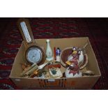 BOX OF ASSORTED ITEMS TO INCLUDE TWO CRACKLE GLAZED COCKRELS, FIGURAL BOOK ENDS, BAROMETER, BRUSH