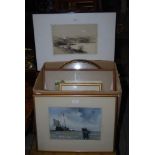 BOX OF ASSORTED DECORATIVE WATERCOLOURS, PRINTS, ETCHINGS