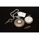 A CHESTER SILVER CASED HALF HUNTER POCKET WATCH ON A WHITE METAL CHAIN, TOGETHER WITH ANOTHER SILVER