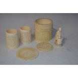 COLLECTION OF CHINESE IVORY, QING DYNASTY TO INCLUDE A CYLINDRICAL BOX AND COVER CARVED IN A