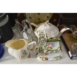 BELLEEK PORCELAIN TEA POT AND COVER DECORATED WITH SHAMROCKS TOGETHER WITH A MATCHING CREAM JUG,