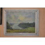 20TH CENTURY BRITISH SCHOOL - SUNSET OVER LOCH - OIL ON CANVAS, INDISTINCTLY SIGNED AND DATED 1943