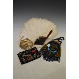 FAUX TORTOISESHELL AND OSTRICH FEATHER FAN, GOLD SEQUINNED EVENING BAG, EGYPTIANESQUE BEADWORK