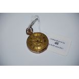 YELLOW METAL OPEN FACED POCKET WATCH STAMPED '9CT' WITH ROMAN NUMERAL DIAL. GROSS WEIGHT 32.3