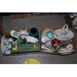 BOX OF ASSORTED ITEMS TO INCLUDE VINTAGE GREEN LEATHER ATTACHE CASE, TOGETHER WITH ANOTHER BOX OF