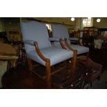 PAIR OF GEORGE III STYLE BLUE UPHOLSTERED GAINSBOROUGH TYPE ARMCHAIRS