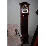 REPRODUCTION MAHOGANY GRANDMOTHER CLOCK WITH BRASS DIAL, SILVER CHAPTER RING, ROMAN NUMERAL DETAIL