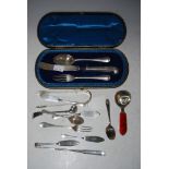 CASED LONDON SILVER THREE PIECE CHRISTENING SET, TOGETHER WITH ASSORTED SILVER CUTLERY AND FLATWARE