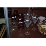 COLLECTION OF GLASSWARE TO INCLUDE FOUR WATERFORD RUBY FLASHED CLEAR GLASS HOCK GLASSES, THREE