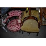 VICTORIAN WALNUT TUB CHAIR WITH PINK FLORAL UPHOLSTERED BACK, ARMS AND BUTTON DOWN SEAT, TOGETHER