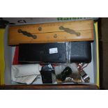 BOX OF ASSORTED ITEMS TO INCLUDE PARKER FOUNTAIN PEN, CAPTAIN FIELDS IMPROVED DOUBLE RULER, STAMP