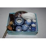 SMALL BOX OF ASSORTED BLUE AND WHITE WARE TOGETHER WITH A CHINESE BRASS OPIUM PIPE, INDIAN CARVED