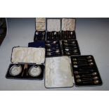 SEVEN CASED SETS OF ASSORTED SILVER FLATWARE, ETC