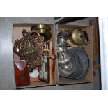 TWO BOXES OF ASSORTED ORNAMENTAL WARES TO INCLUDE ASSORTED GRADUATED WHITE METAL FOOD DOMES,