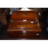 ROSEWOOD AND BRASS BOUND WORK BOX TOGETHER WITH A WALNUT AND MOTHER OF PEARL INLAID WRITING SLOPE