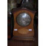 EDWARDIAN MAHOGANY AND MARQUETRY INLAID DOME TOP MANTEL CLOCK WITH SILVERED ARABIC NUMERAL DIAL