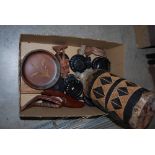 BOX OF ASSORTED WOODENWARE TO INCLUDE ANTELOPE CARVED MASK, VARIOUS WOODEN STANDS, TRIBAL DRUM, ETC