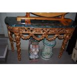 DECORATIVE 20TH CENTURY GILT WOOD AND GREEN MARBLE TOPPED CONSOLE TABLE IN THE NEOCLASSICAL TASTE
