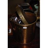 A COPPER AND BRASS PAIL TOGETHER WITH SET OF BELLOWS, GONG AND BEATER