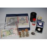 COLLECTION OF ASSORTED COINAGE AND BANK NOTES TO INCLUDE A ROYAL MINT STERLING SILVER END OF WORLD