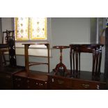 FOLDING CAKE STAND, OAK DEMI LUNE CONSOLE TABLE, REPRODUCTION MAHOGANY WINE TABLE AND A NEST OF