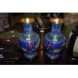 A PAIR OF CHINESE BLUE GROUND CLOISONNE VASES, 20TH CENTURY, DECORATED WITH PEONY AND PAIRS OF BIRDS