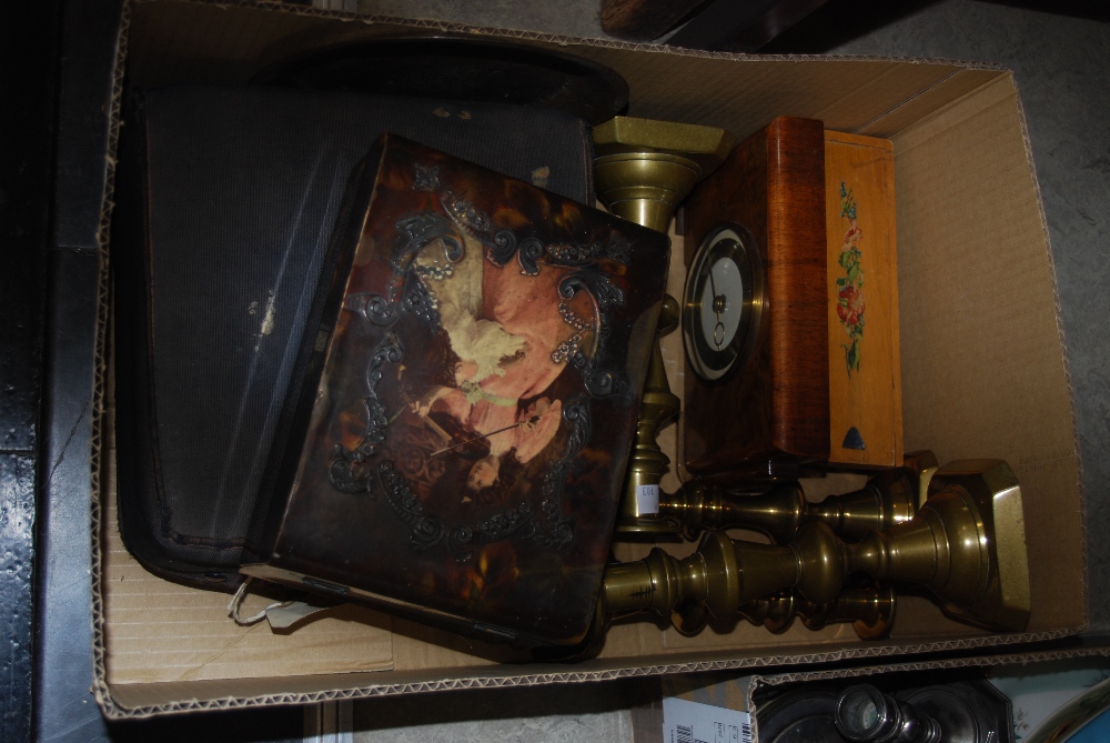 BOX OF ASSORTED BRASS CANDLESTICKS, MANTEL CLOCK, WOODENWARE, VANITY CASE, ETC