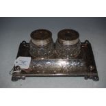 VICTORIAN ELECTROPLATED DESK STAND, PRESENTATION INSCRIPTION DATED 1874 WITH TWO DETACHABLE CUT