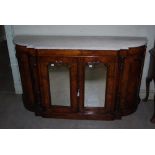VICTORIAN WALNUT AND MARQUETRY INLAID BREAKFRONT CREDENZA WITH WHITE MARBLE TOP OVER TWO MIRRORED