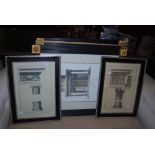 SET OF FOUR ARCHITECTURAL PRINTS IN BLACK AND GILT FRAMES, TOGETHER WITH TWO OTHER ARCHITECTURAL