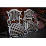 PAIR OF OFF-WHITE PAINTED ARMCHAIRS WITH STRIPED BLACK AND BEIGE VELVET UPHOLSTERED BACK, ARMS AND