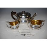 LONDON SILVER THREE PIECE TEA SET, TOGETHER WITH A PAIR OF GLASGOW SILVER SUGAR TONGS AND A