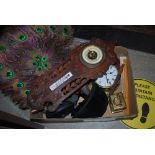 BOX OF ASSORTED HOUSEHOLD ITEMS TO INCLUDE BAROMETER, PEACOCK FEATHER FAN, BINOCULARS, CAMERAS,