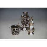 COLLECTION OF SILVER TO INCLUDE GEORGE II SILVER SUGAR CASTER, LONDON 1756 WITH EMBOSSED FOLIATE