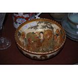 JAPANESE SATSUMA POTTERY BOWL, MEIJI PERIOD, DECORATED IN RELIEF WITH LOHAN FIGURES