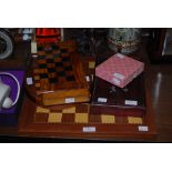VINTAGE MAHJONG SET, OLIVE WOOD FOLDING CHESS BOARD CONTAINING ASSORTED CHESS PIECES, CIRCULAR CHESS