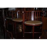 PAIR OF MAHOGANY AND CHEQUER LINED OVAL SHAPED TUB CHAIRS TOGETHER WITH ANOTHER SIMILAR TUB CHAIR