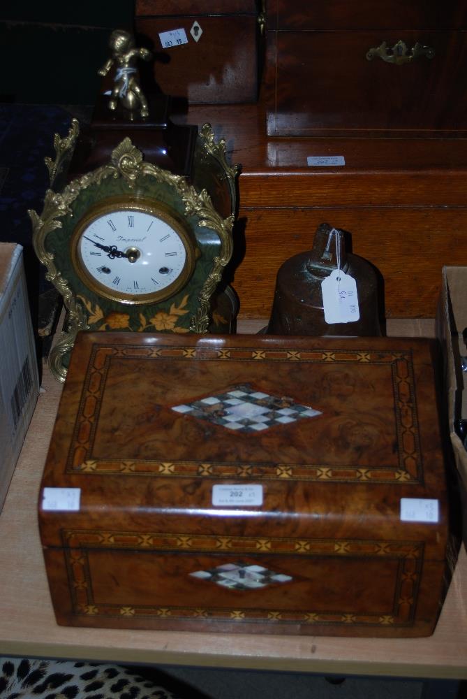 VICTORIAN WALNUT MARQUETRY AND MOTHER OF PEARL INLAID WORK BOX, TOGETHER WITH AN IMPERIAL ROCOCO