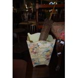 VINTAGE JAPANESE PARASOL, TOGETHER WITH FLORAL DECORATED WASTE PAPER BIN