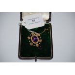 LATE 19TH CENTURY YELLOW METAL SPLIT PEARL AND AMETHYST BROOCH STAMPED 15CT. GROSS WEIGHT 8 GRAMS